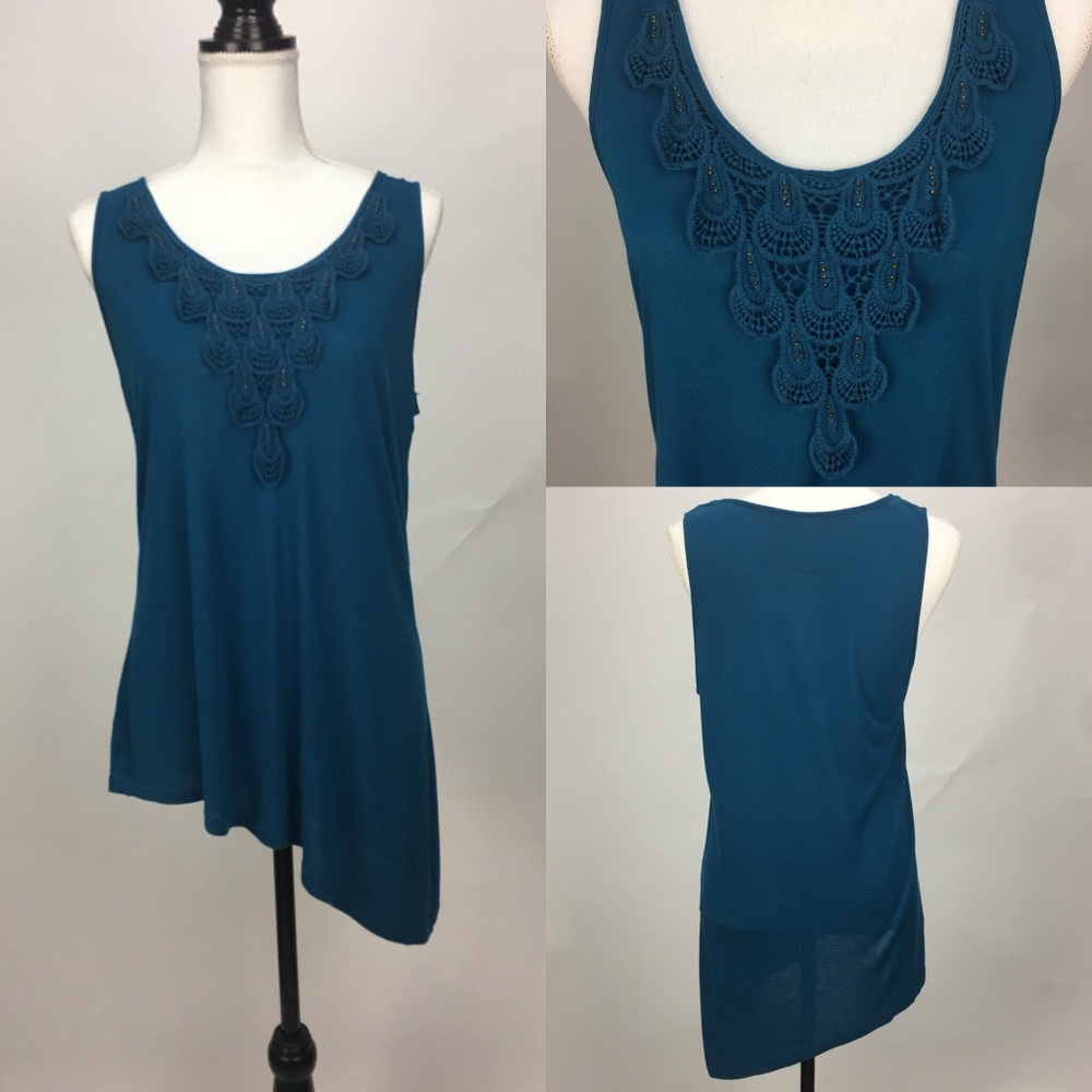 Blue Asymmetrical Sleeveless Top Crochet Gold Bead